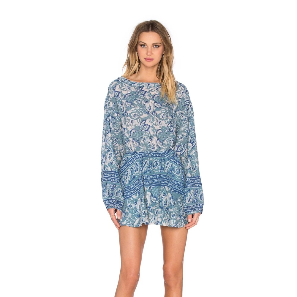 Free People Blue Paisley Floral Cutout Back Mini Dress Long Sleeve Size S